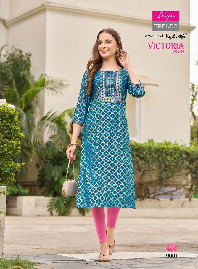 Victoria Vol 9 By Diya Rayon Foil Printed Kurtis Wholesale Shop In Surat
